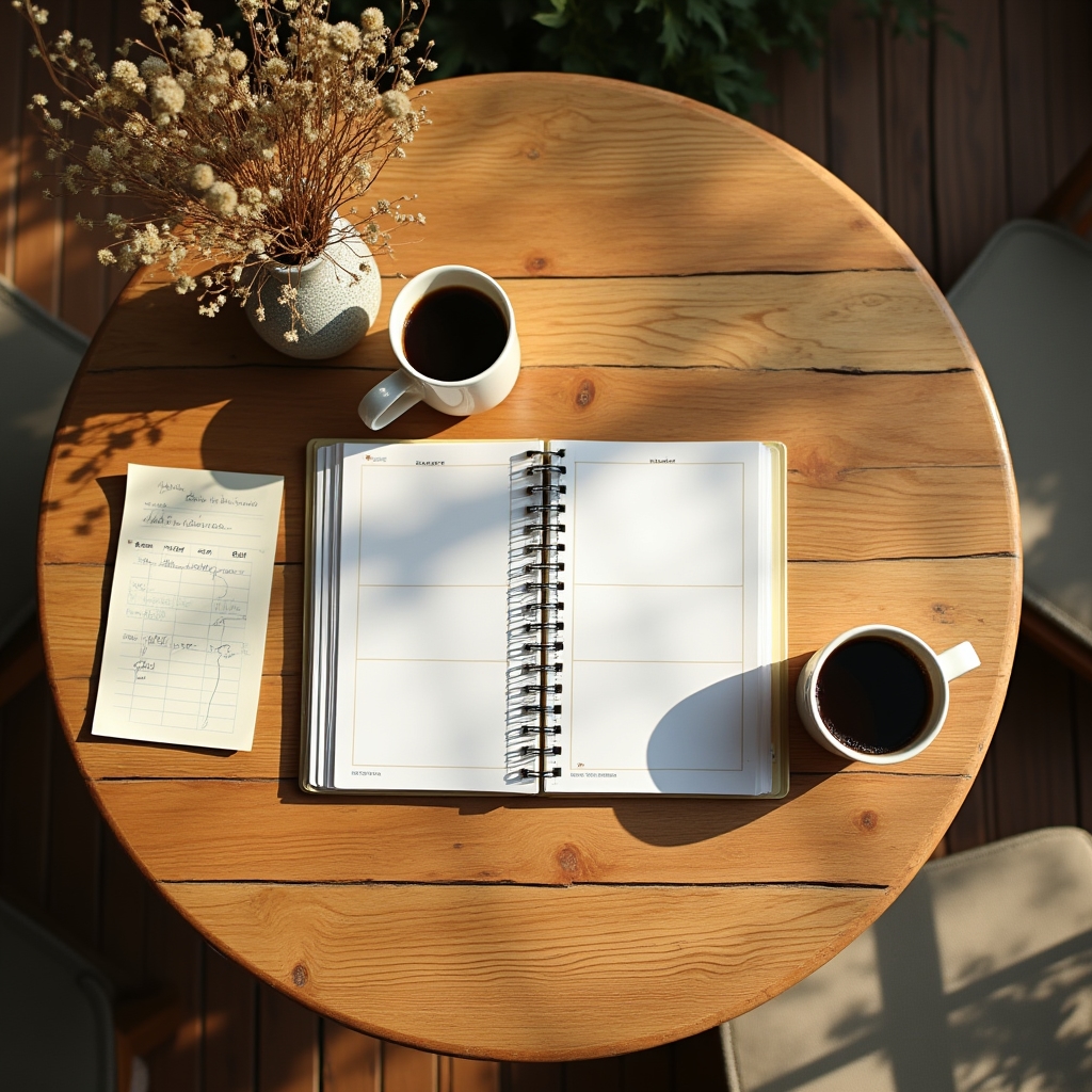 Ruhige Planungssitzung von oben fotografiert mit Unterlagen und Kaffeetassen