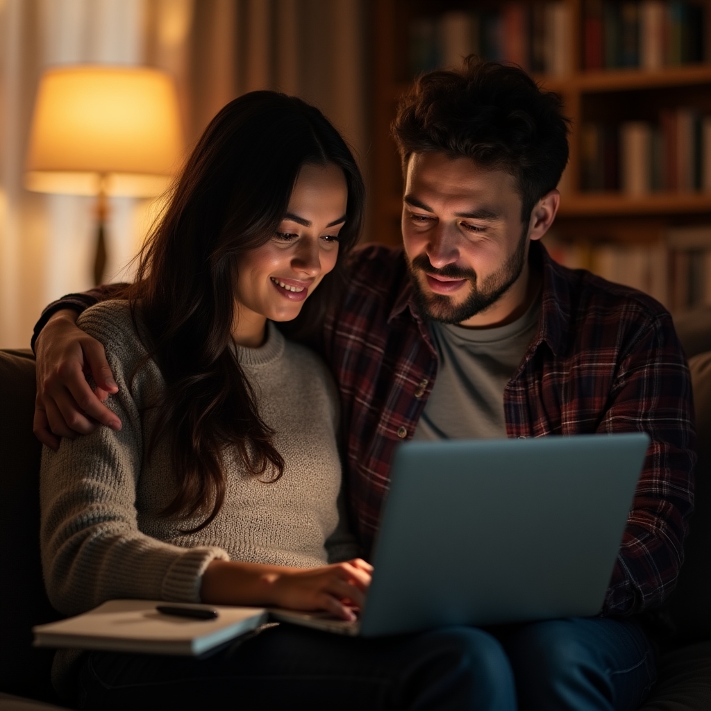 Paar nimmt gemeinsam an einer Online-Kurssitzung am Laptop teil